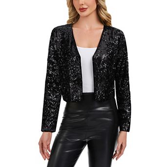 Women's Sequin Open Front Cardigan with Long Sleeves and Cropped Fit