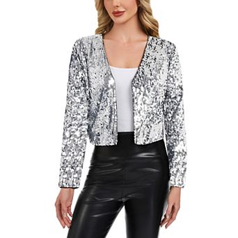 Women's Sequin Open Front Cardigan with Long Sleeves and Cropped Fit