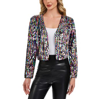 Women's Sequin Open Front Cardigan with Long Sleeves and Cropped Fit