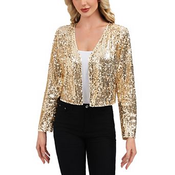 Women's Sequin Open Front Cardigan with Long Sleeves and Cropped Fit