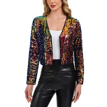 Women's Sequin Open Front Cardigan with Long Sleeves and Cropped Fit