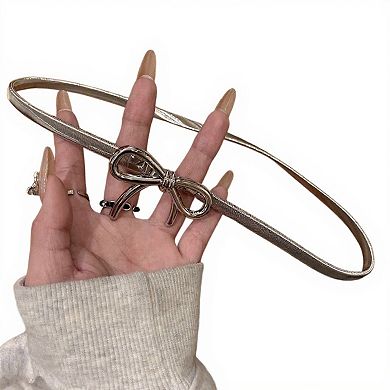Women's Thin Metallic Belt with Polished Bow Accent and Adjustable Fit 27.5x0.4in