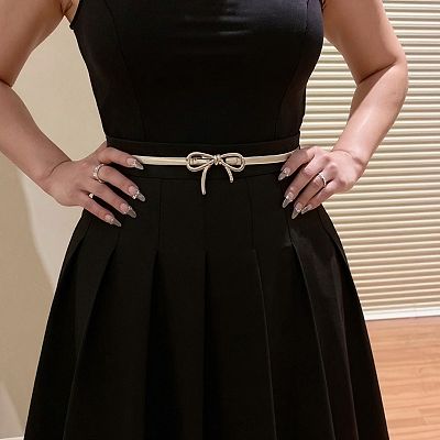 Women's Thin Metallic Belt with Polished Bow Accent and Adjustable Fit  27.5x0.4in