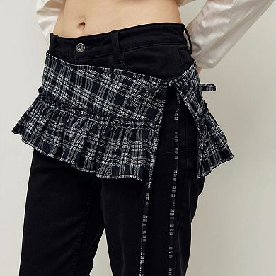 Women's Plaid Ruffle Overlay Skirt Belt with Adjustable Side Ties 55in