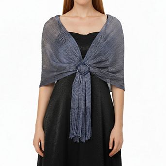 Women's Shimmer Knit Shawl Wrap with Ring Detail and Fringe Hem 17.5x63in
