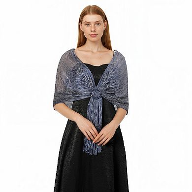 Women's Shimmer Knit Shawl Wrap with Ring Detail and Fringe Hem 17.5x63in