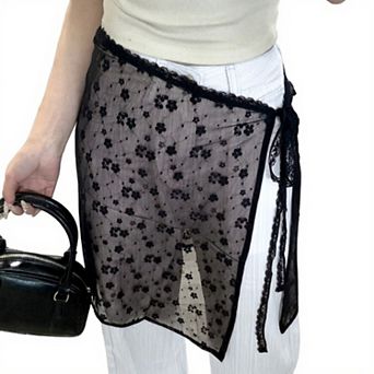 Women's Sheer Floral Lace Wrap Overlay Skirt with Side Tie Detail 55 in