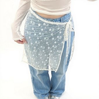 Women's Sheer Floral Lace Wrap Overlay Skirt with Side Tie Detail 55 in