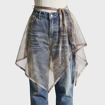 Women's Sheer Organza Overlay Wrap Skirt with Asymmetrical Hem and Tie Waist 17.7x59in