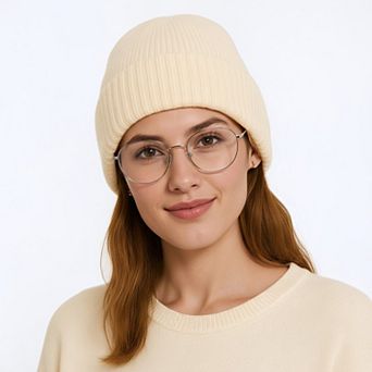 Women's Ribbed Wool Knit Beanie Hat with Folded Cuff
