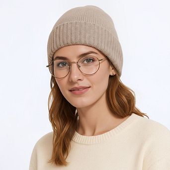 Women's Ribbed Wool Knit Beanie Hat with Folded Cuff