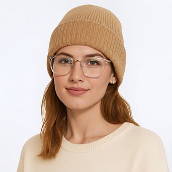 Women's Ribbed Wool Knit Beanie Hat with Folded Cuff