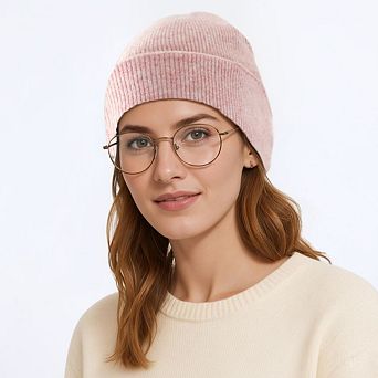 Women's Ribbed Wool Knit Beanie Hat with Folded Cuff