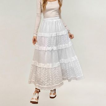 Women's Tiered Maxi Skirt with Lace Eyelet Panels and Textured Striped Design