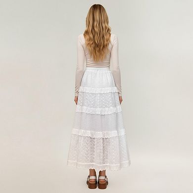 Women's Tiered Maxi Skirt with Lace Eyelet Panels and Textured Striped Design