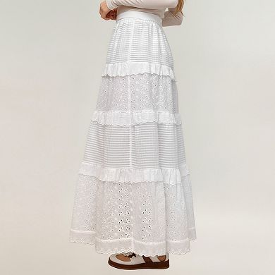 Women's Tiered Maxi Skirt with Lace Eyelet Panels and Textured Striped Design