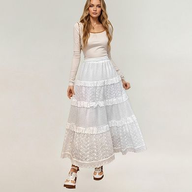 Women's Tiered Maxi Skirt with Lace Eyelet Panels and Textured Striped Design