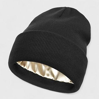 Women's Satin Lined Knit Beanie Hat with Folded Cuff for Hair Protection