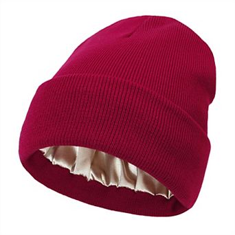 Women's Satin Lined Knit Beanie Hat with Folded Cuff for Hair Protection