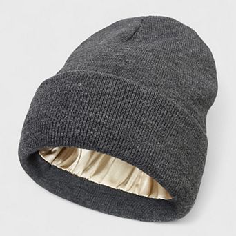 Women's Satin Lined Knit Beanie Hat with Folded Cuff for Hair Protection