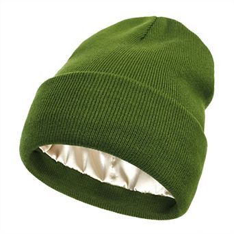 Women's Satin Lined Knit Beanie Hat with Folded Cuff for Hair Protection
