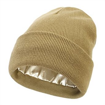 Women's Satin Lined Knit Beanie Hat with Folded Cuff for Hair Protection