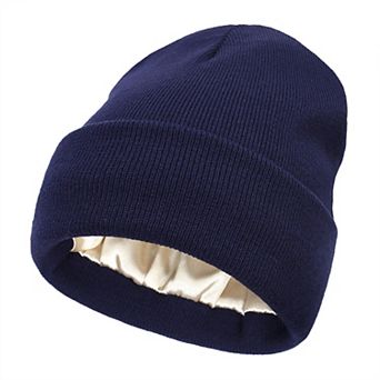Women's Satin Lined Knit Beanie Hat with Folded Cuff for Hair Protection