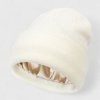 Women's Satin Lined Knit Beanie Hat with Folded Cuff for Hair Protection