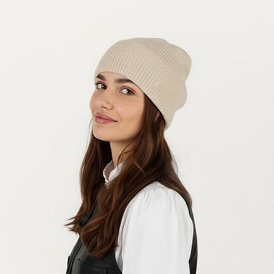 Women's Rib Knit Beanie Hat with Folded Cuff and Stretchy Fit