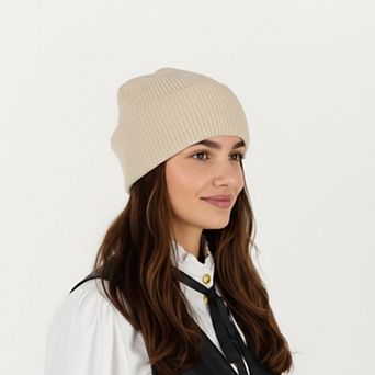 Women's Rib Knit Beanie Hat with Folded Cuff and Stretchy Fit
