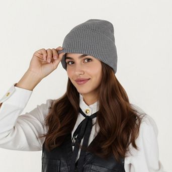 Women's Rib Knit Beanie Hat with Folded Cuff and Stretchy Fit