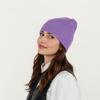Women's Rib Knit Beanie Hat with Folded Cuff and Stretchy Fit