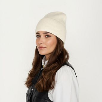 Women's Rib Knit Beanie Hat with Folded Cuff and Stretchy Fit