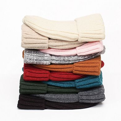Women's Ribbed Knit Beanie Hat with Satin Lining and Folded Cuff