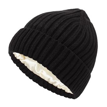 Women's Ribbed Knit Beanie Hat with Satin Lining and Folded Cuff
