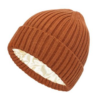 Women's Ribbed Knit Beanie Hat with Satin Lining and Folded Cuff