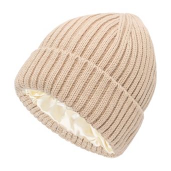 Women's Ribbed Knit Beanie Hat with Satin Lining and Folded Cuff