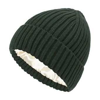 Women's Ribbed Knit Beanie Hat with Satin Lining and Folded Cuff