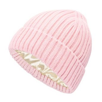 Women's Ribbed Knit Beanie Hat with Satin Lining and Folded Cuff