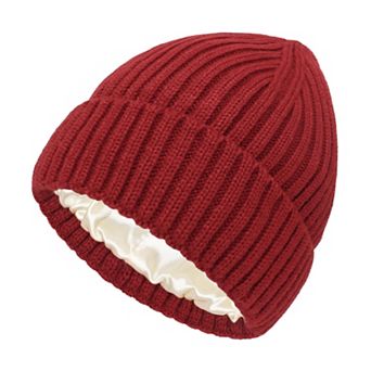 Women's Ribbed Knit Beanie Hat with Satin Lining and Folded Cuff