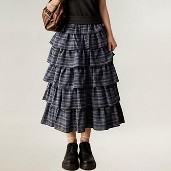 Women's Tiered Plaid Maxi Skirt with Ruffle Layers and Elastic Waistband