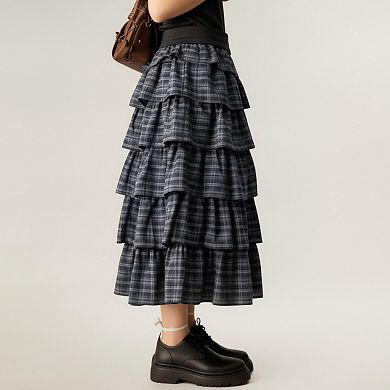 Women's Tiered Plaid Maxi Skirt with Ruffle Layers and Elastic Waistband