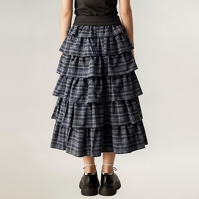 Women's Tiered Plaid Maxi Skirt with Ruffle Layers and Elastic Waistband