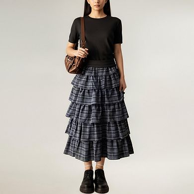 Women's Tiered Plaid Maxi Skirt with Ruffle Layers and Elastic Waistband