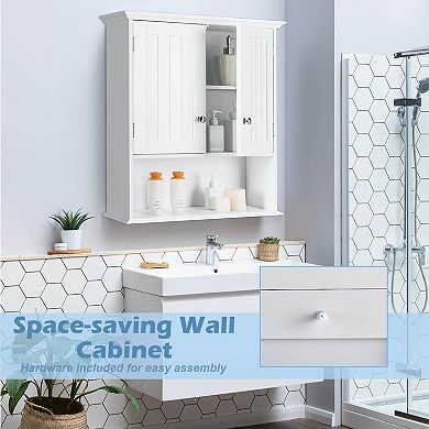White Wall-Mounted Bathroom Cabinet with Shelves and Double Doors