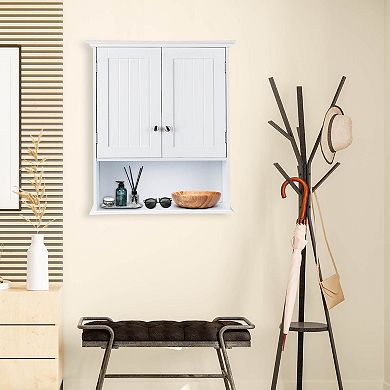 White Wall-Mounted Bathroom Cabinet with Shelves and Double Doors
