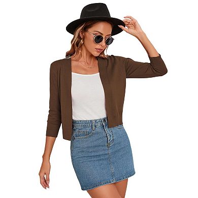 Women's 3/4 Sleeve Cropped Cardigan Sweater Open Front Lightweight Knit Short Bolero Shrugs