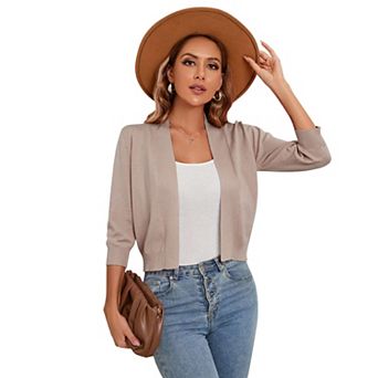 Women's 3/4 Sleeve Cropped Cardigan Sweater Open Front Lightweight Knit Short Bolero Shrugs