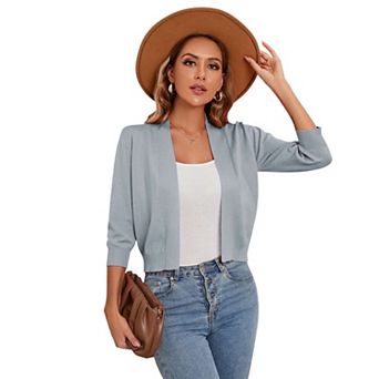 Women's 3/4 Sleeve Cropped Cardigan Sweater Open Front Lightweight Knit Short Bolero Shrugs