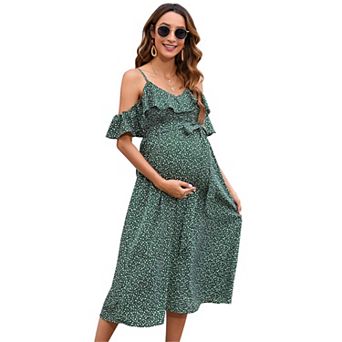 Women's Maternity Dress FloralSpaghetti Strap Dress Ruffles V Neck A Line Flowy Dress with Belt